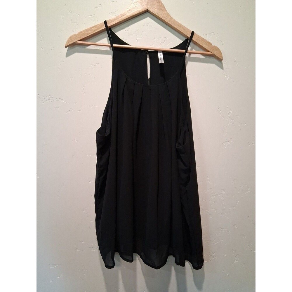 JJ Perfection Women's Sz 2XL Black Flowy Pleated Spaghetti Strap Sheer Tank Top